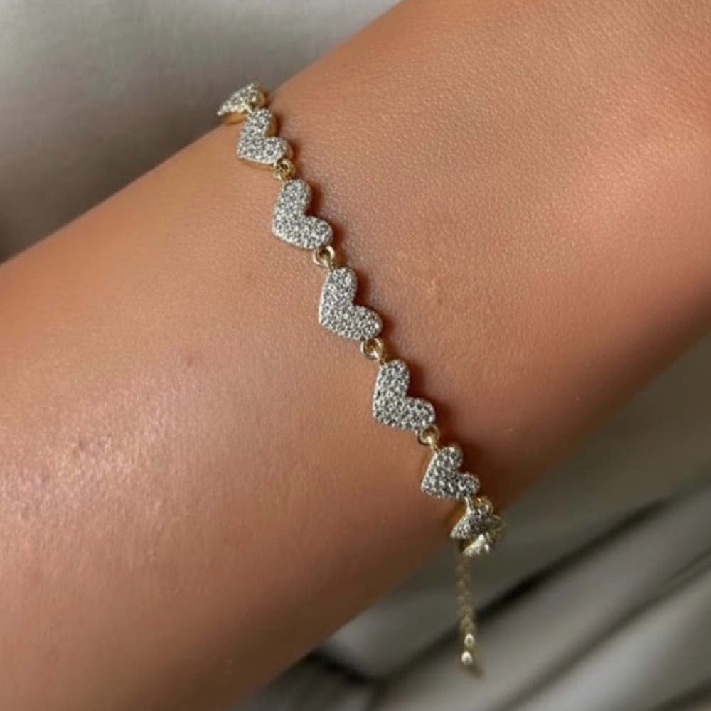 14K Gold Plated Heart Links Bracelet Waterproof Pave Jewelry